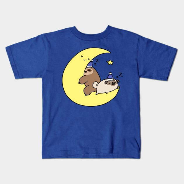 Sleepy Moon Sloth and Pug Kids T-Shirt by saradaboru